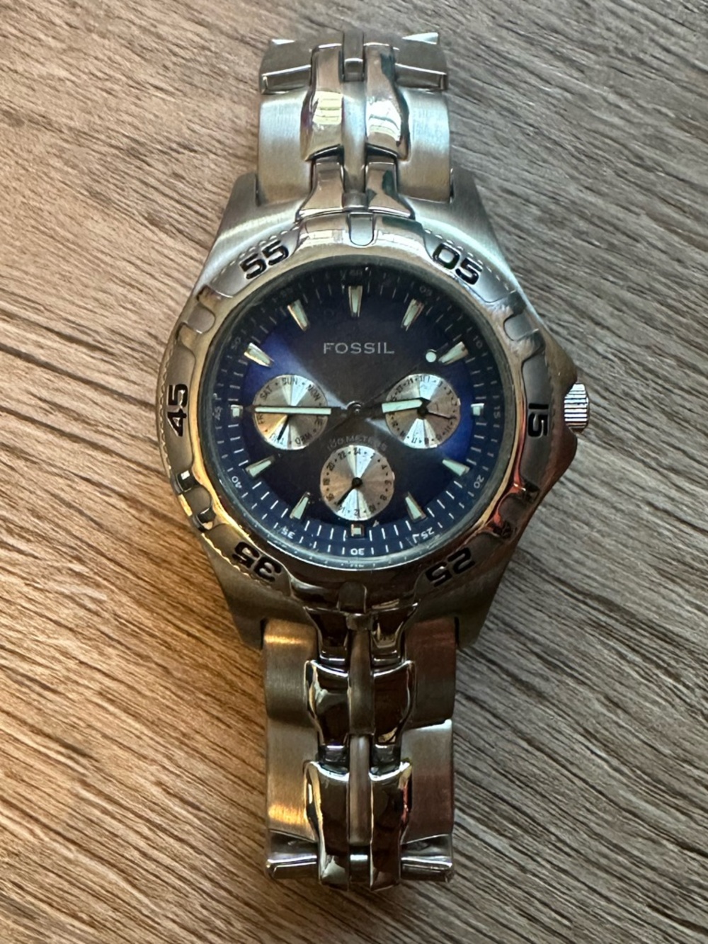 Fossil Silver Stainless Steel Watch with Blue Dial
